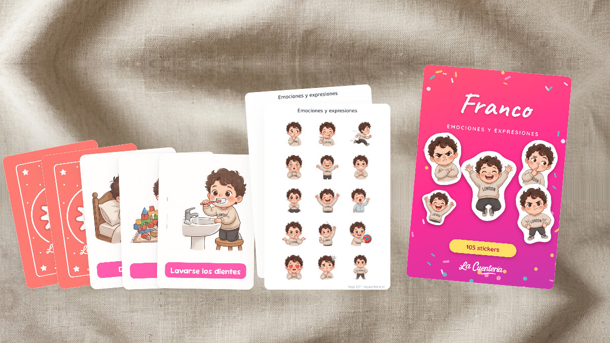 Dos mazos de pictogramas con su dorso y el talonario de stickers, con la portada del niño y 105 troqueles